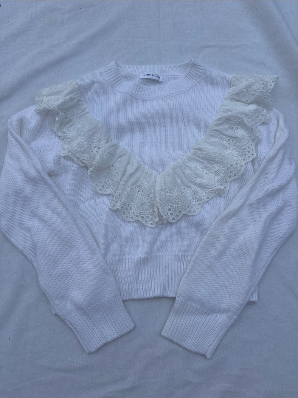 vestique White Eyelet-Ruffle Crewneck Sweater